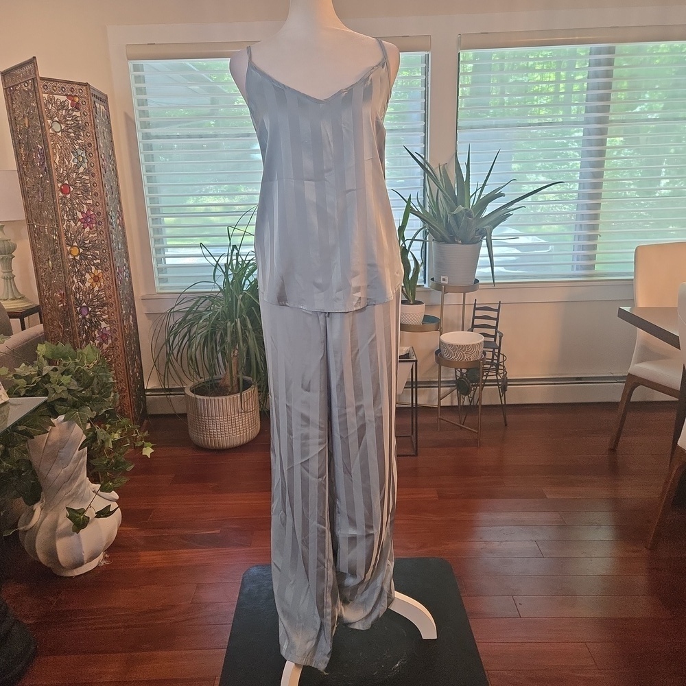 Danskin Womens Striped Solid Lightweight Satin Tank Wide Leg Pajama Set Green XL